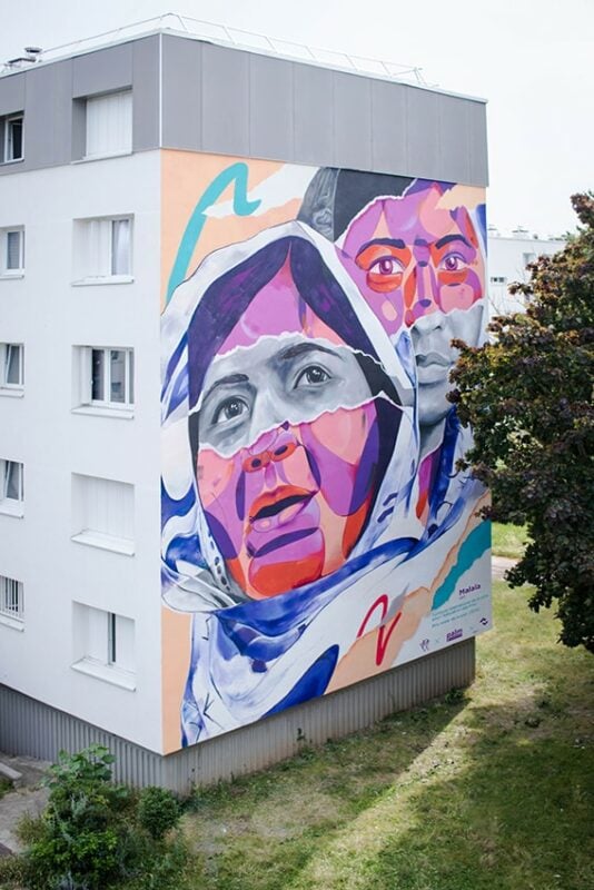 Palm a réalisé une fresque de 150m² sur la façade d'un immeuble avec Seine Saint Denis Habitat en hommage à Malala