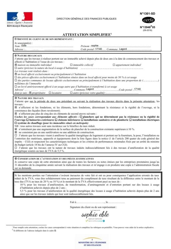 Attestation simplifiée d'un client Monsieur Peinture